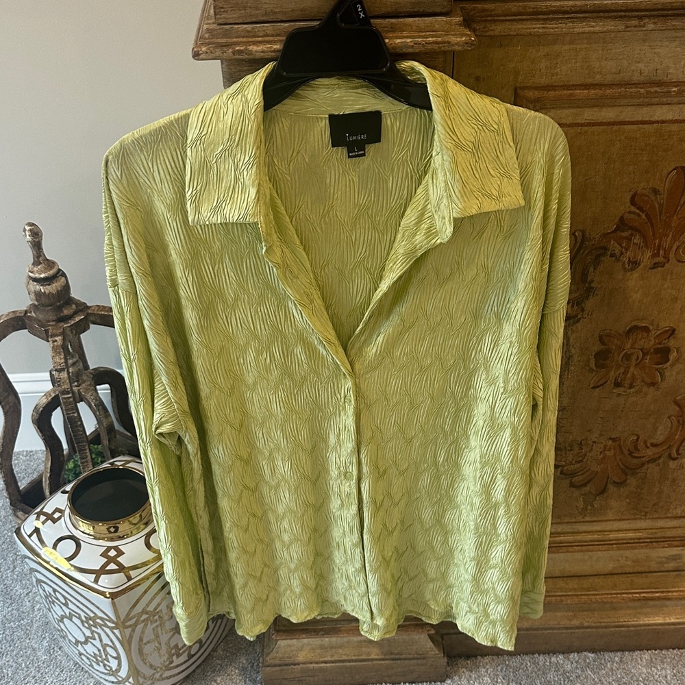 Lumiere Light Green Textured Button Down Blouse